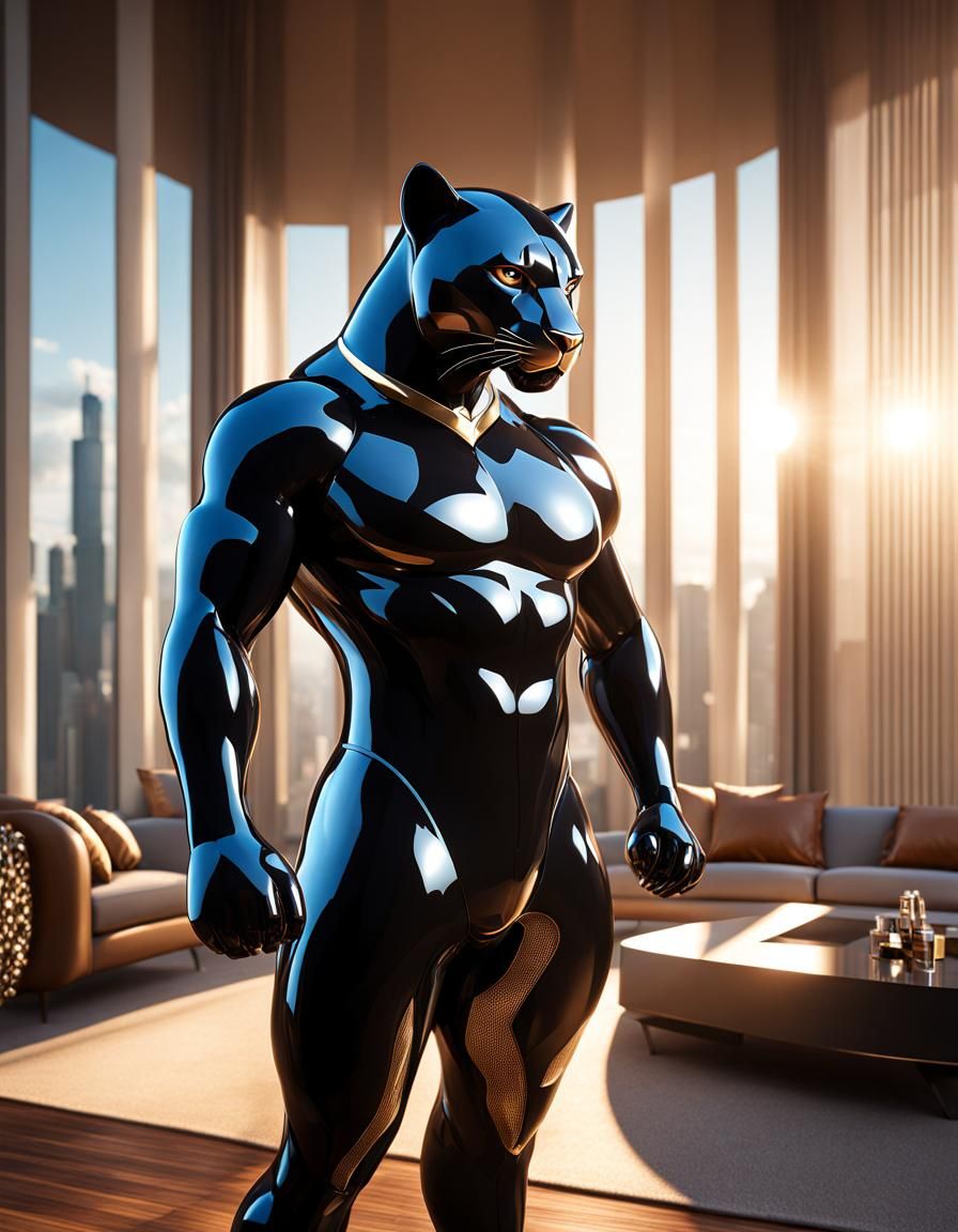 Anthropomorphic Panther in Swimsuit in Modern Living Room