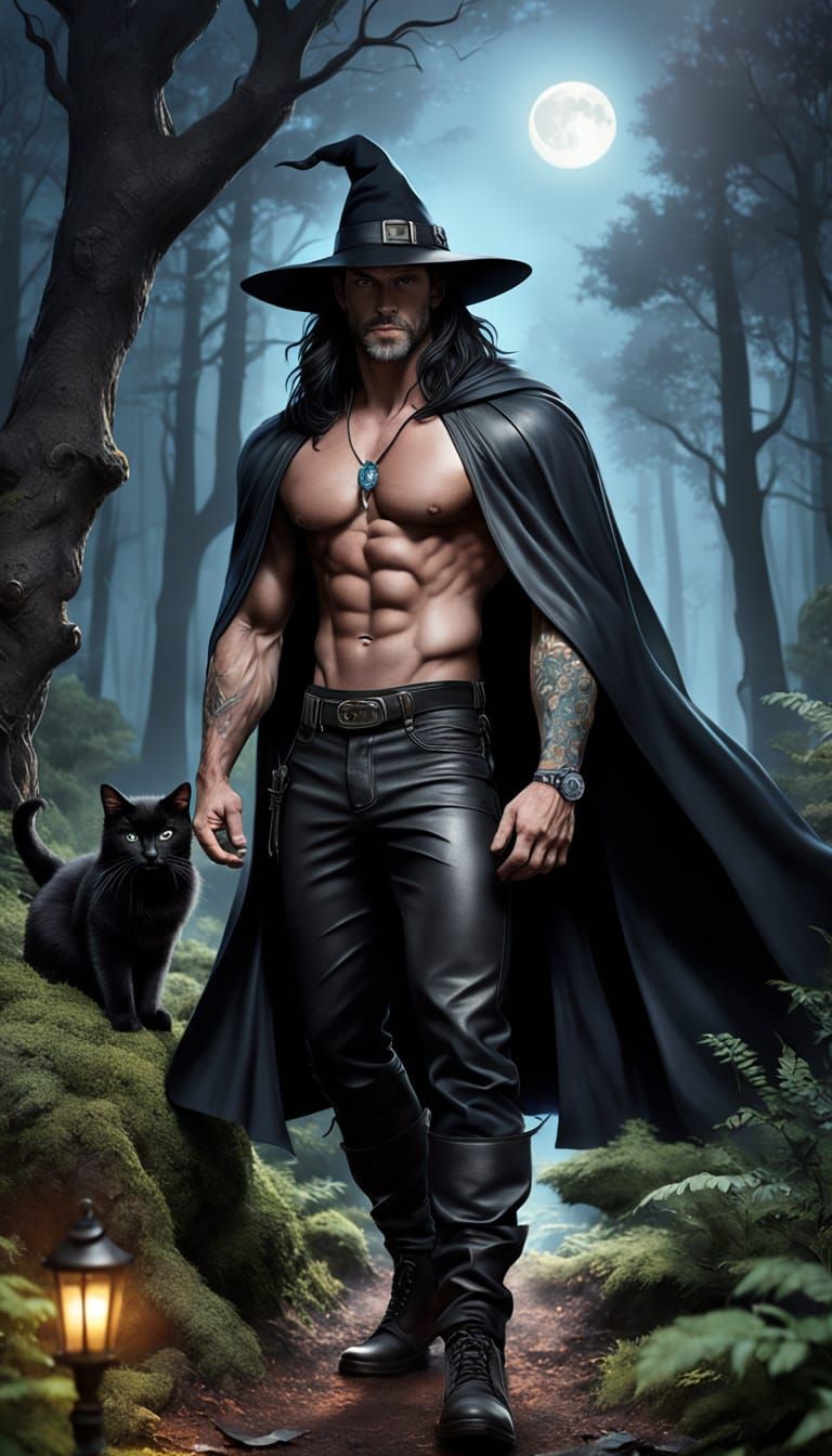 Muscular Male Witch in Enchanted Forest at Night