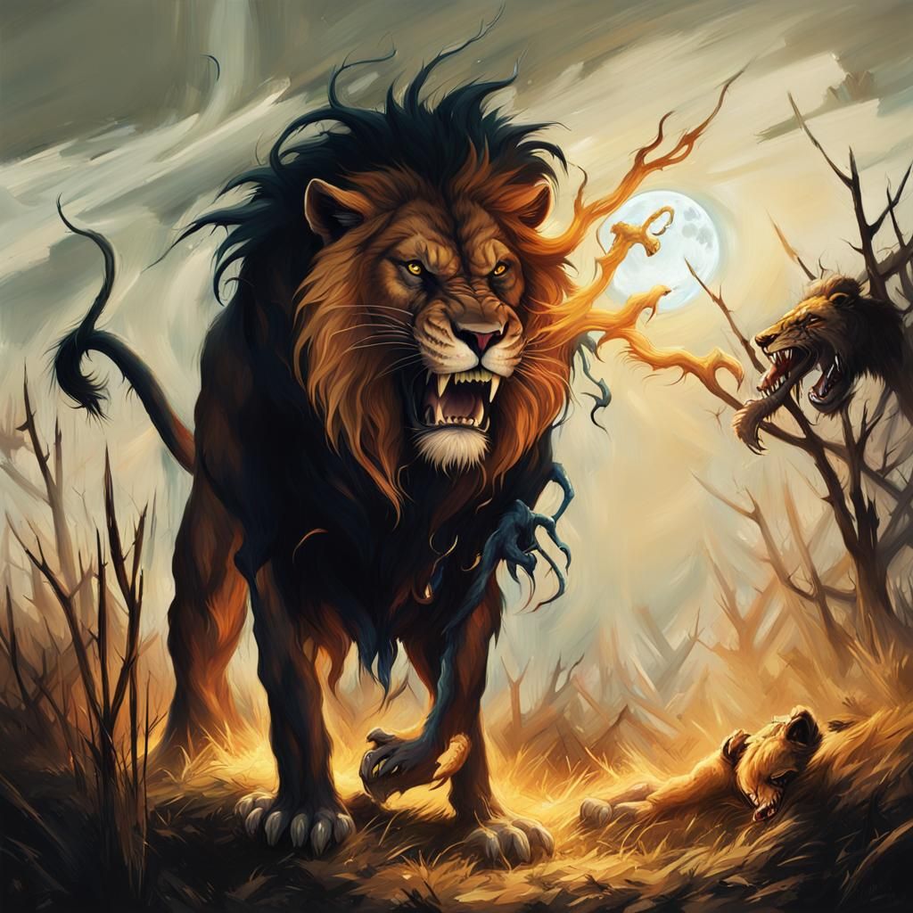 Venom Bites Lion's Neck in Dark Savannah Oil Painting