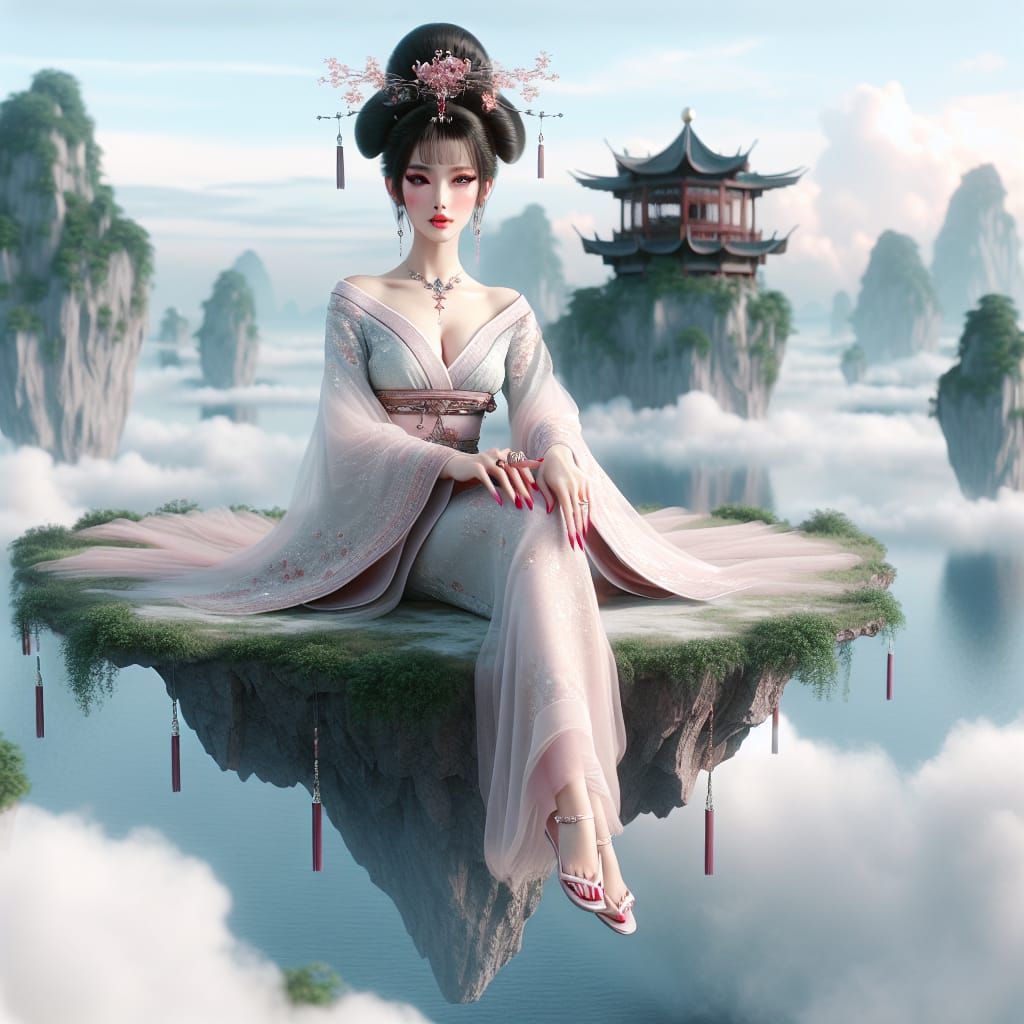 East Asian Princess on Floating Island in Chinese Landscape