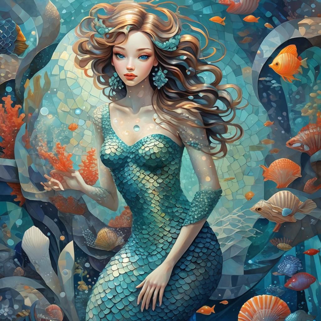 Cubist Mermaid in Coral Reef, Abstract Art
