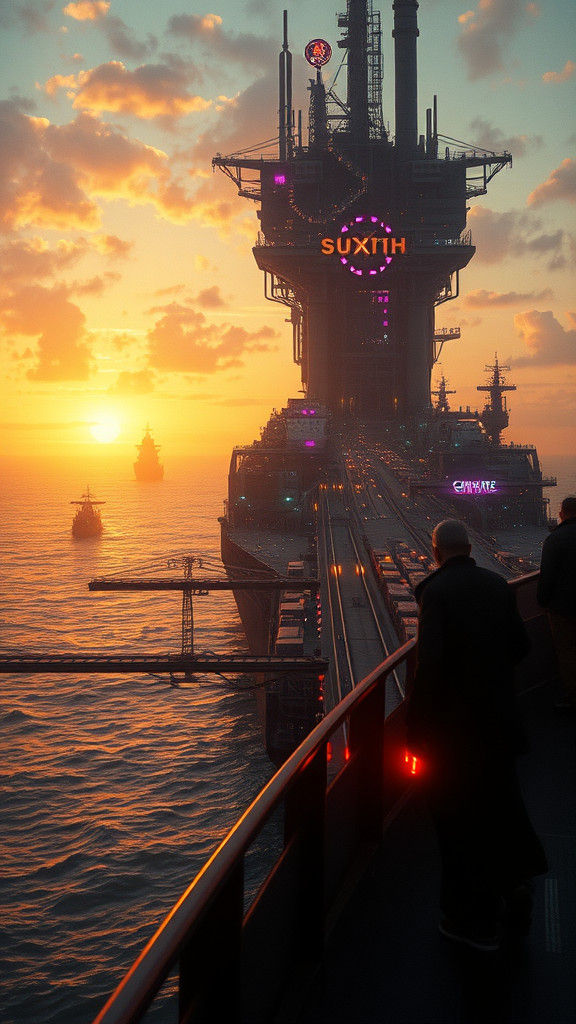 Cyberpunk Seastead at Sunset in Cinematic Style
