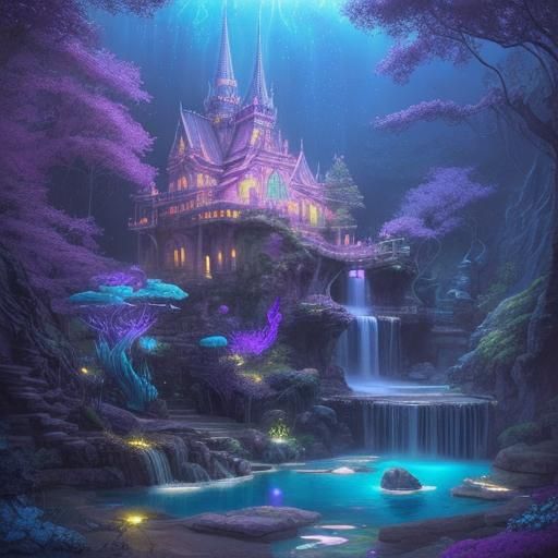 A temple perched on a cliff above a glowing waterfall, bathe...