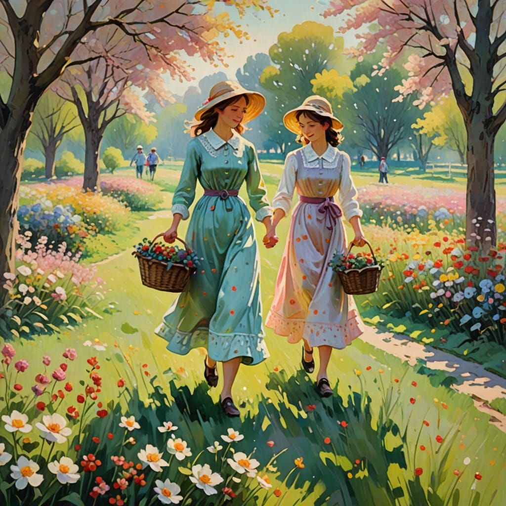 Impressionist Beauties Strolling Through a Sunny Garden