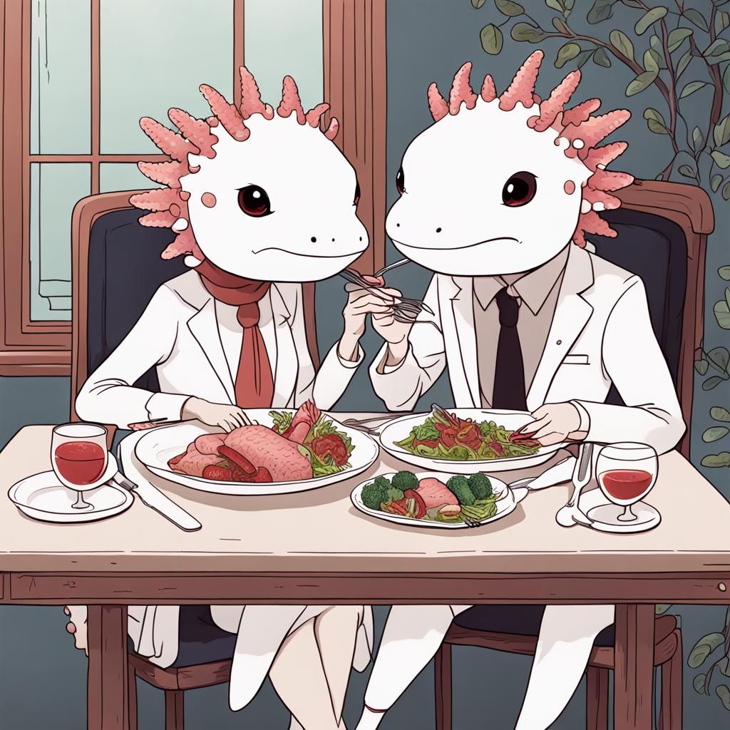 Cartoon Axolotl Siblings Enjoy Sophisticated Meal