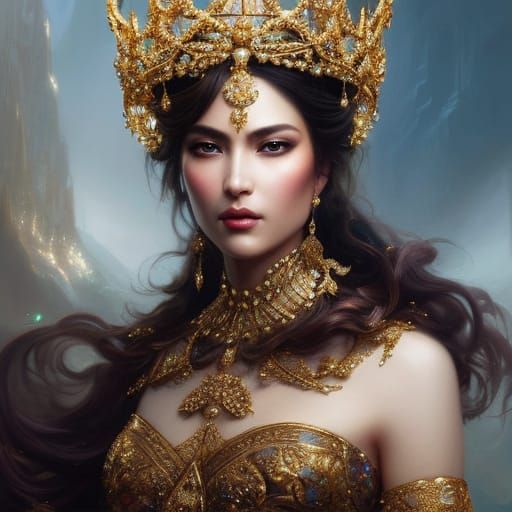 Regal Queen Portrait with Gold Crown in Hyperrealistic Style