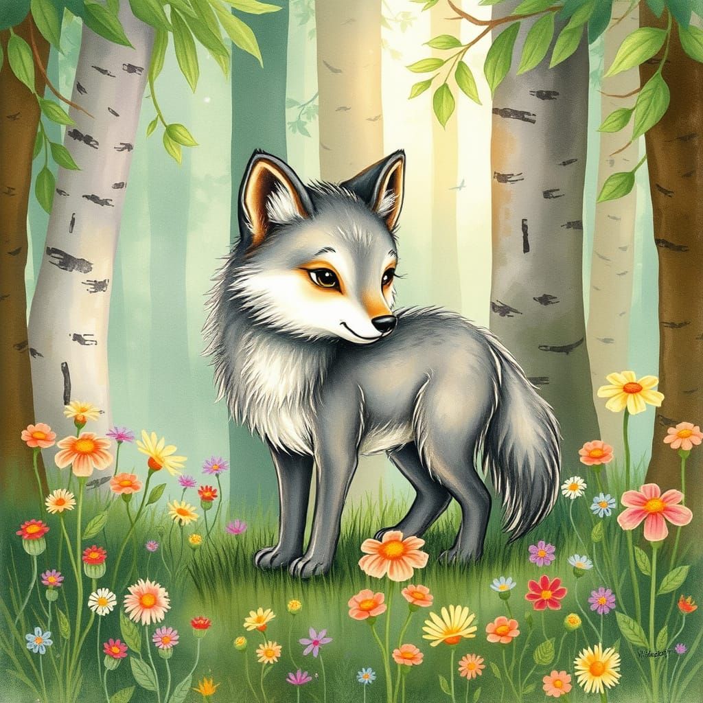 Whimsical Forest Wolf in Watercolor Style