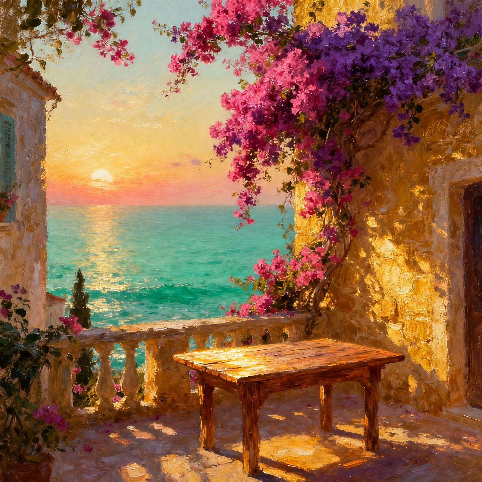 Sunlit Mediterranean Terrace with Turquoise Sea View