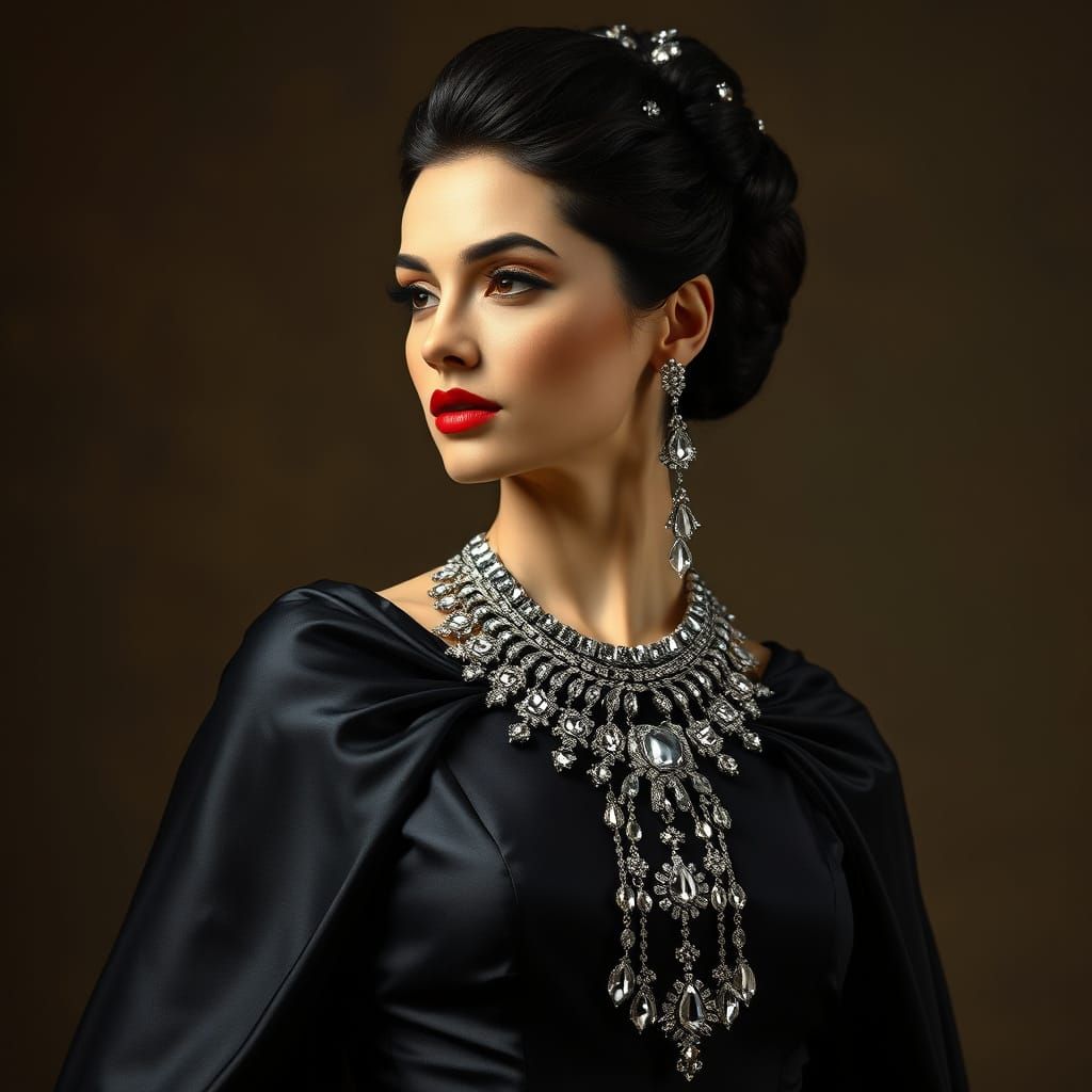 Elegant Woman in Luxurious Black Cape Gown with Diamonds