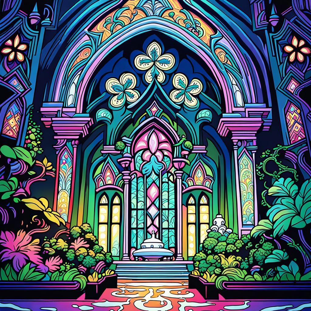 Anime Cathedral with Water Fountains and Vines