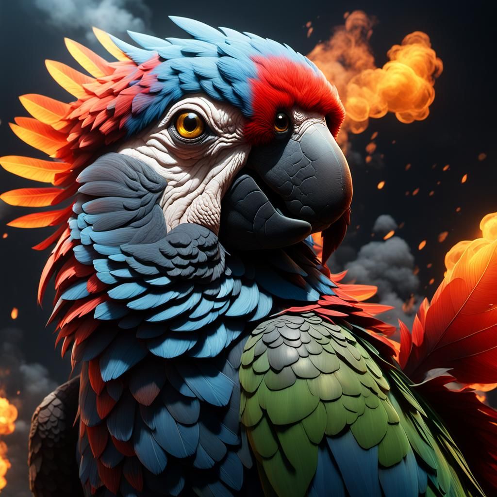 Smoked Parrot Soaring in Cloudy Sky: 3D Render