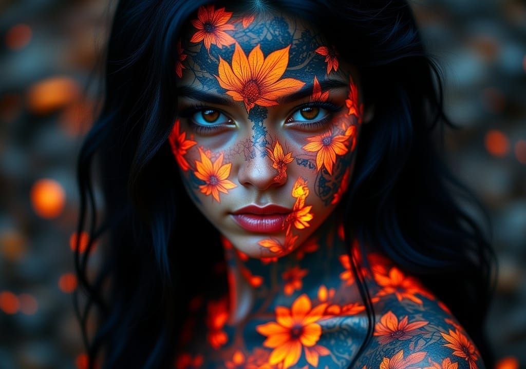 Majestic Tattooed Woman Conjuring Magic in Digital Art