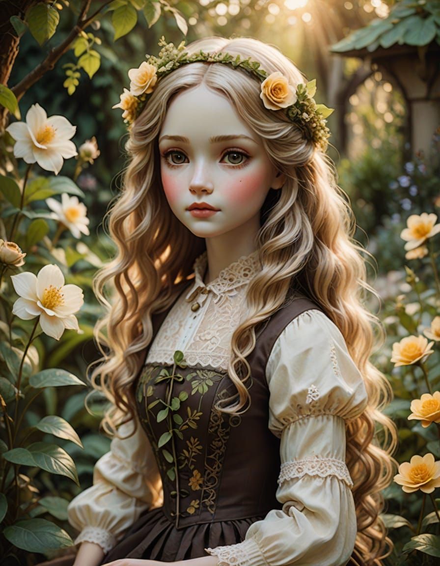 Whimsical Fantasy Garden Scene with Elegant Porcelain Doll