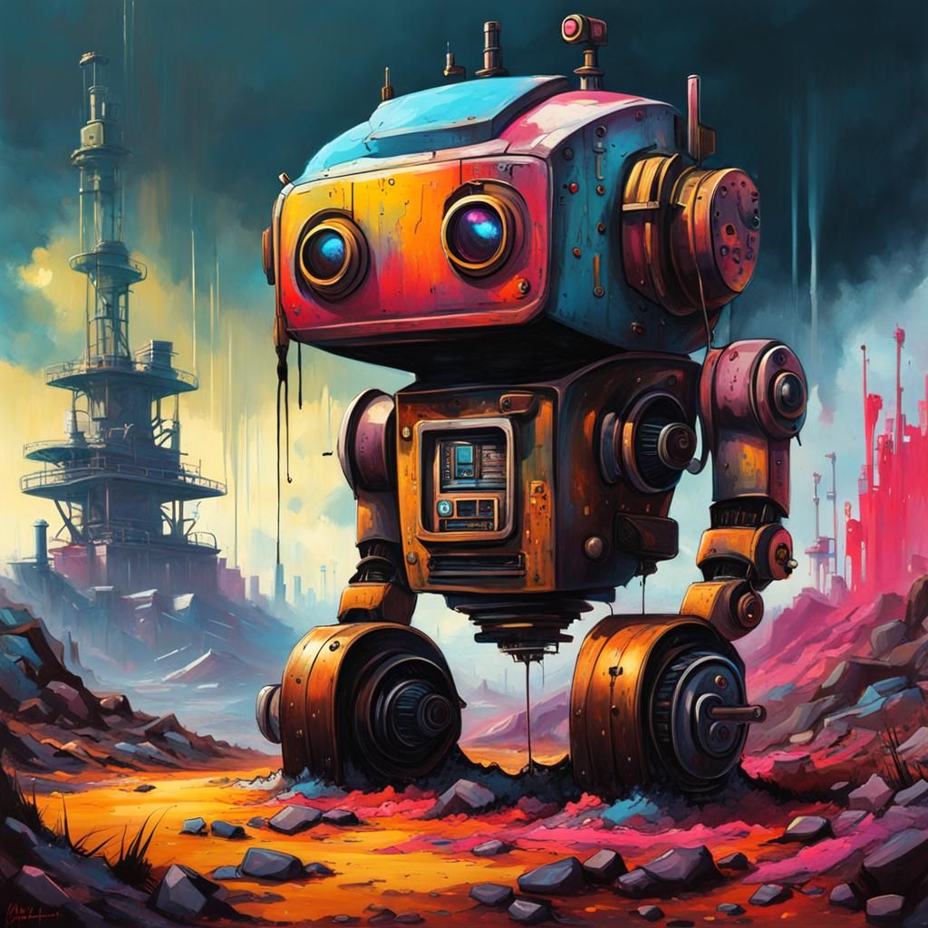 Sad Robot in Dieselpunk Landscape: Graffiti Art