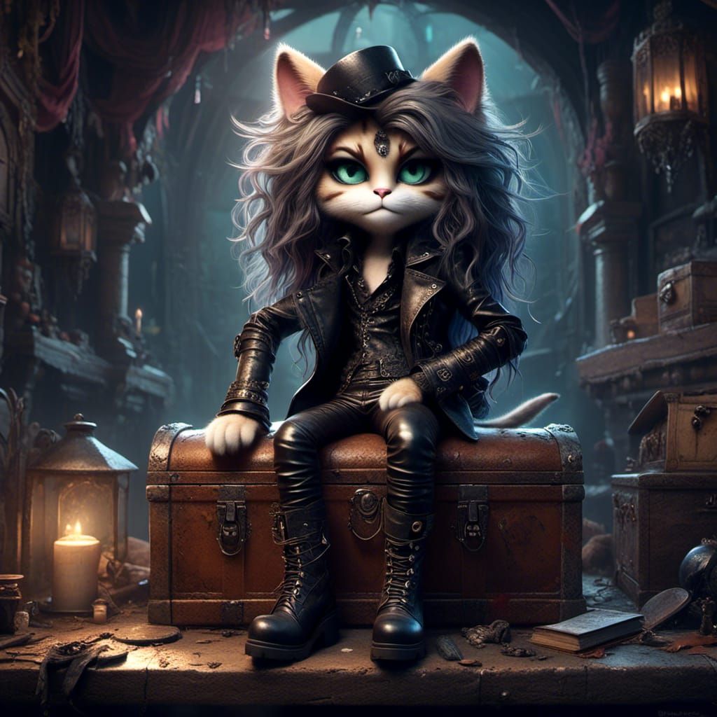 Gothic Anthropomorphic Cat on Chest in Goth Style