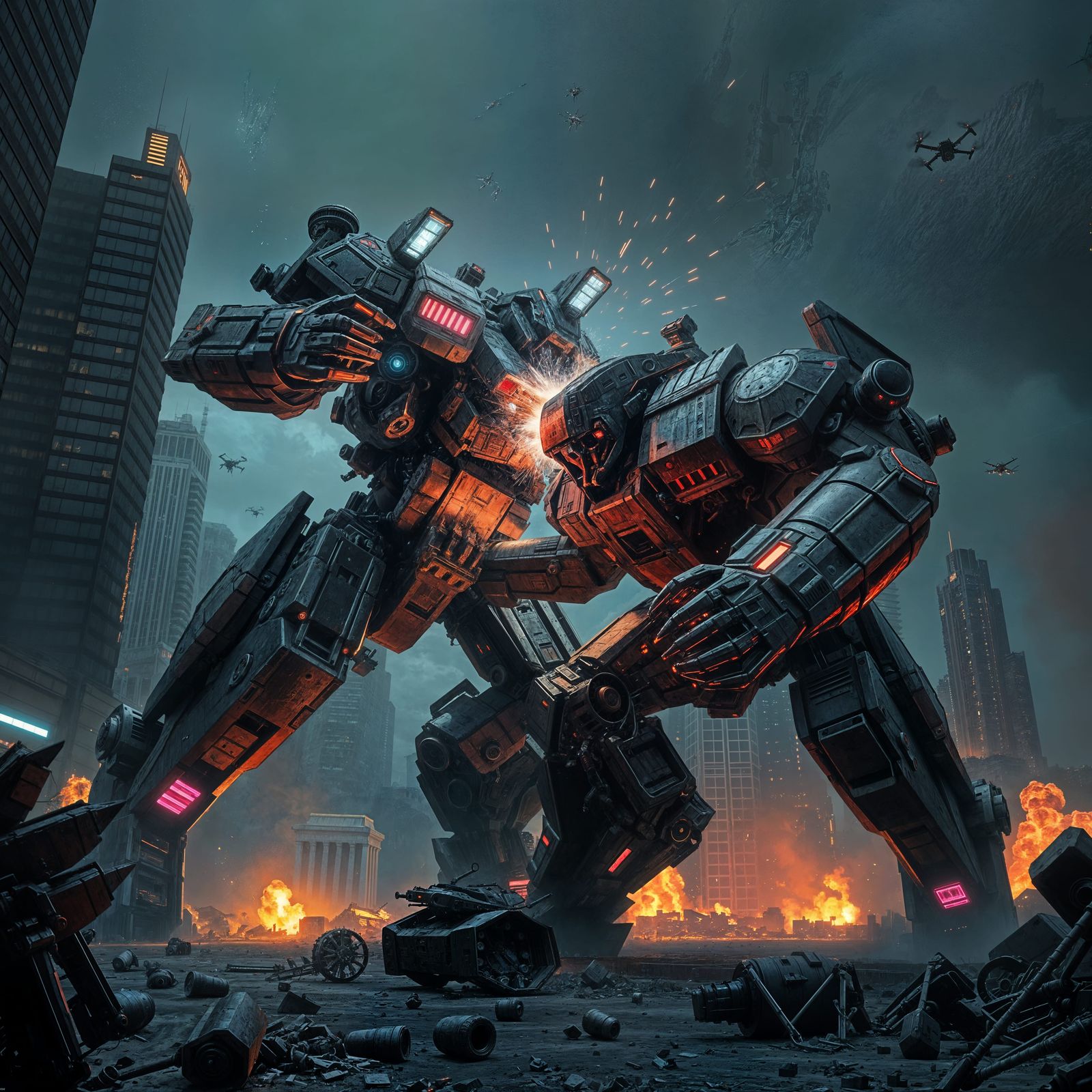 Colossal Mechs Clash in Cyberpunk Apocalypse