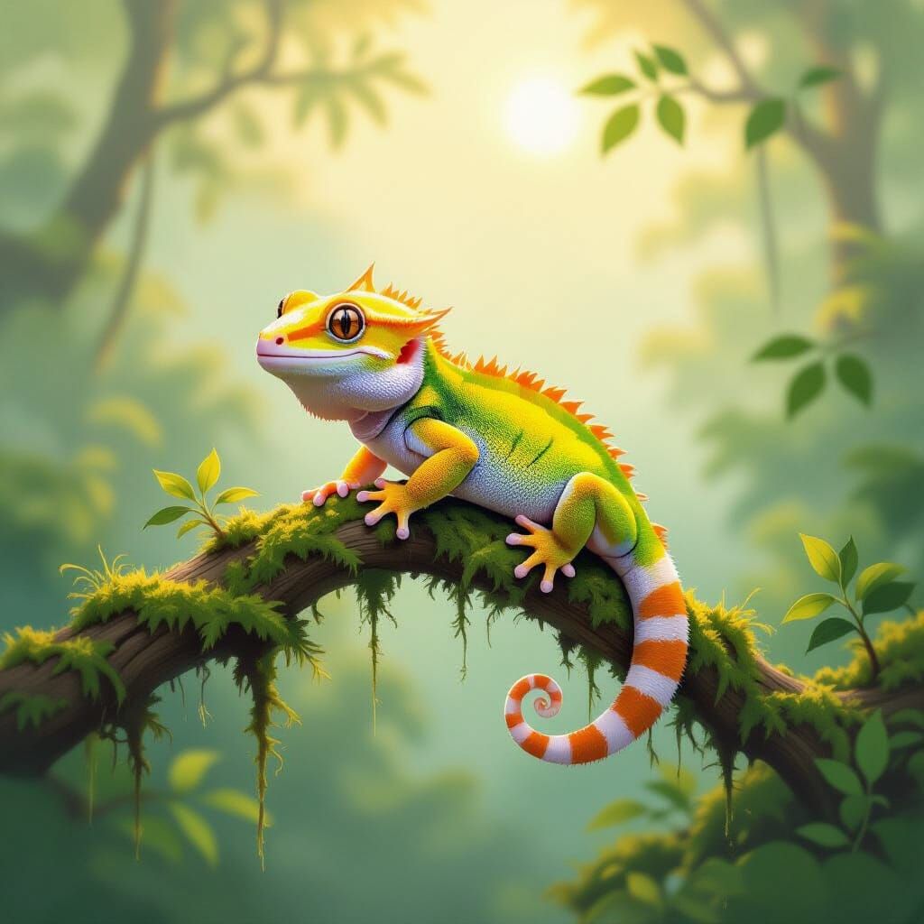 Crested Gecko in Watercolor Forest Scene