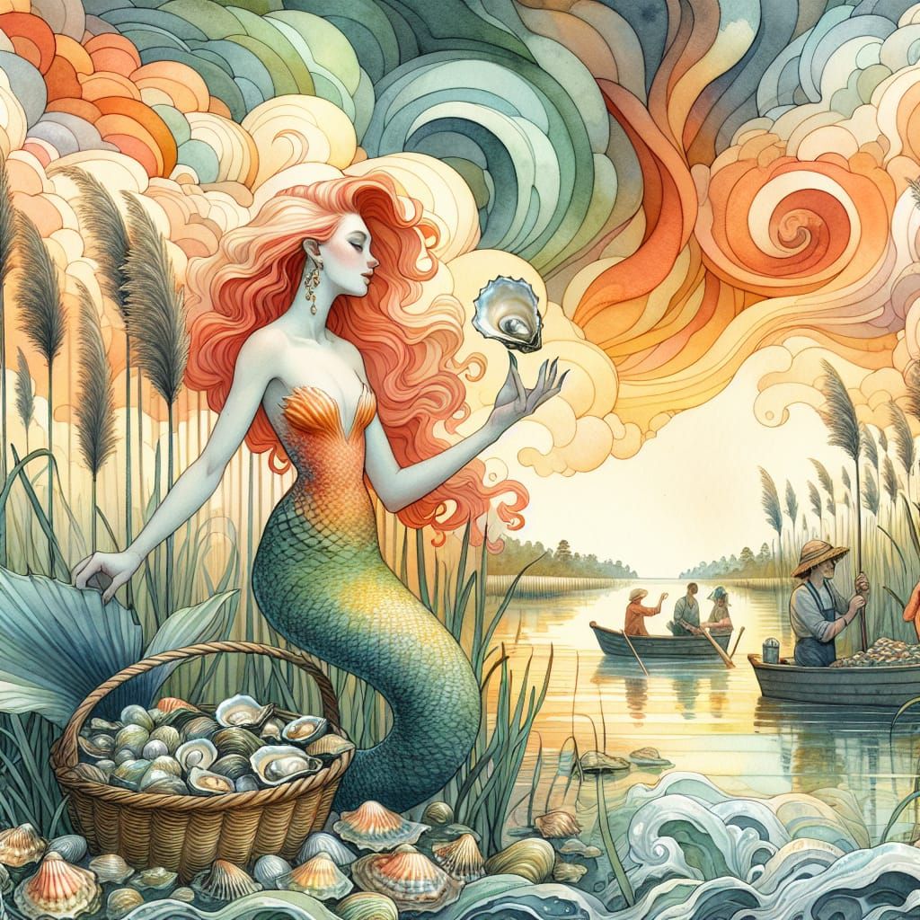 Whimsical Mermaid at Oyster Festival: Watercolor Art