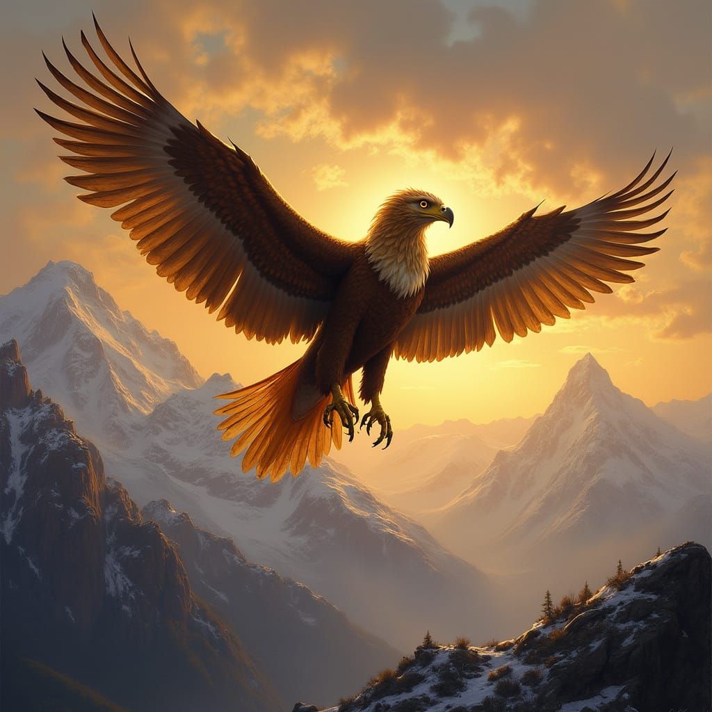 Griffin Soaring Over Mountains: Classical Oil Painting