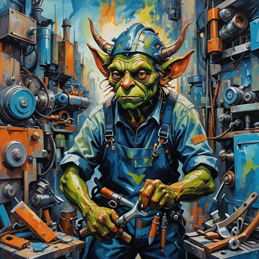 Goblin Technician in Abstract Expressionist Cityscape