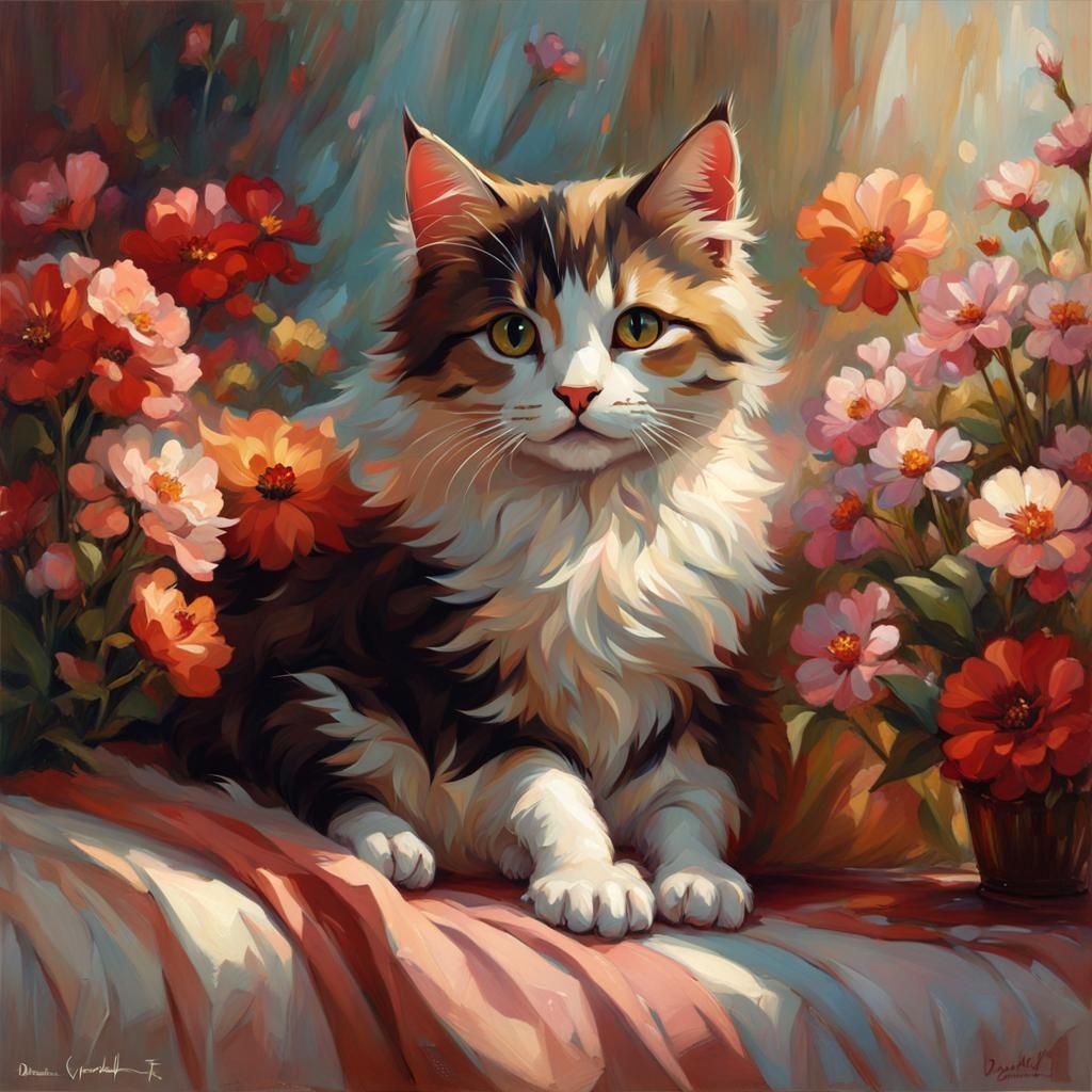 Cute Cat Surrounded by Flowers in Romantic Realism