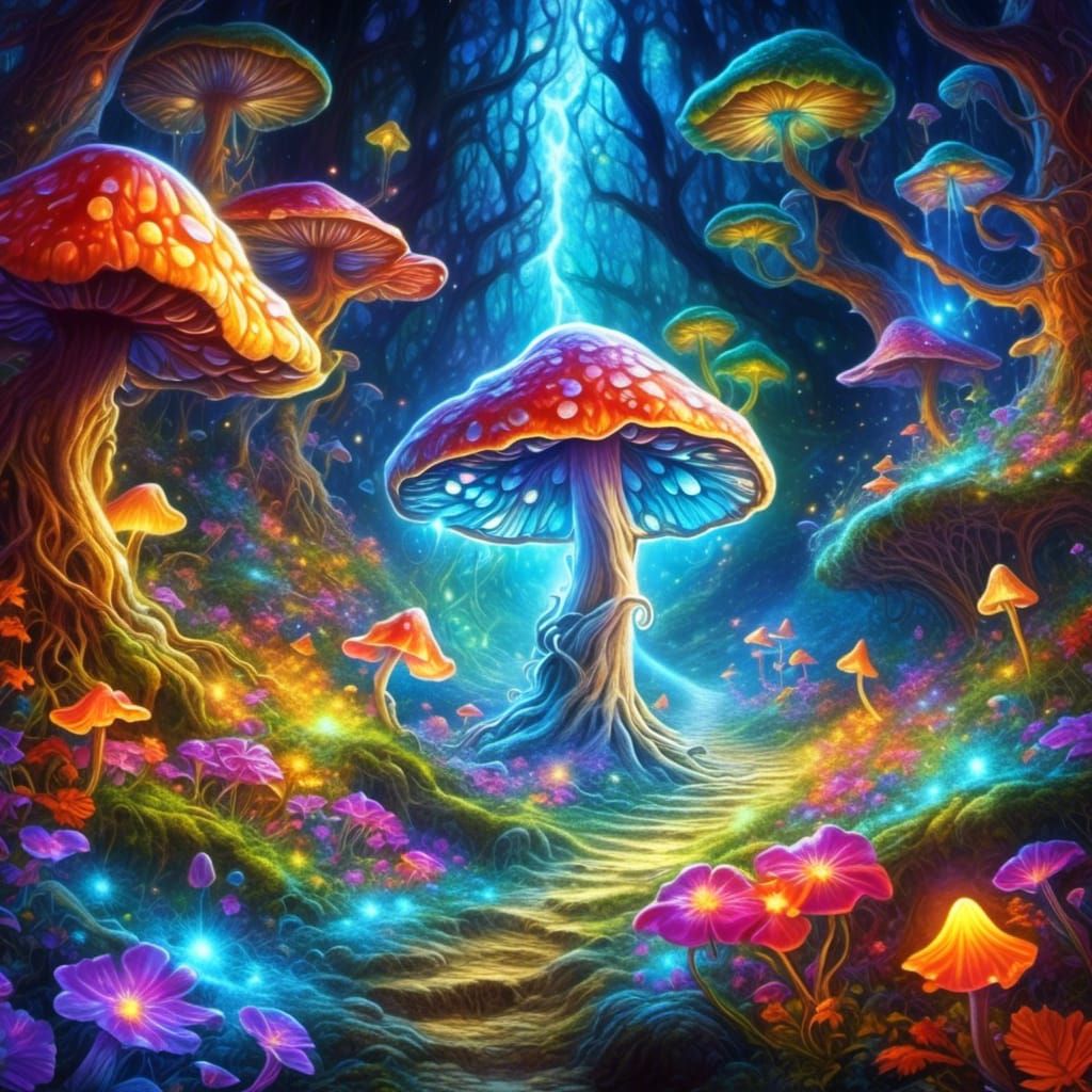 Psychedelic Mushroom Dreamscape in Neon Bioluminescence