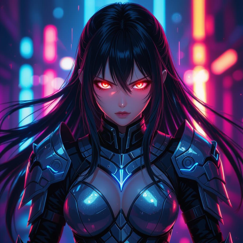 Anime Warrior Girl in Neon Armor with Glowing Eyes