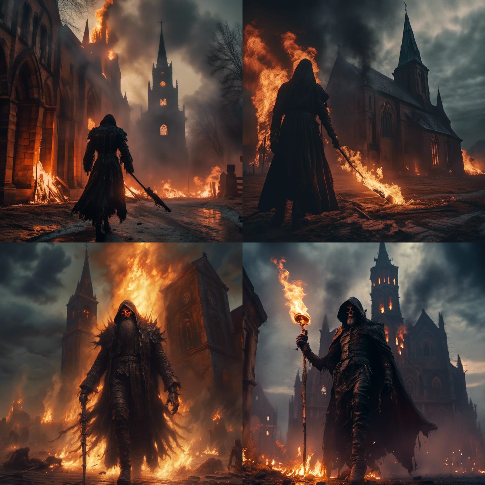 Dark Paladin Leaving Burning Church in Fantasy Art Style