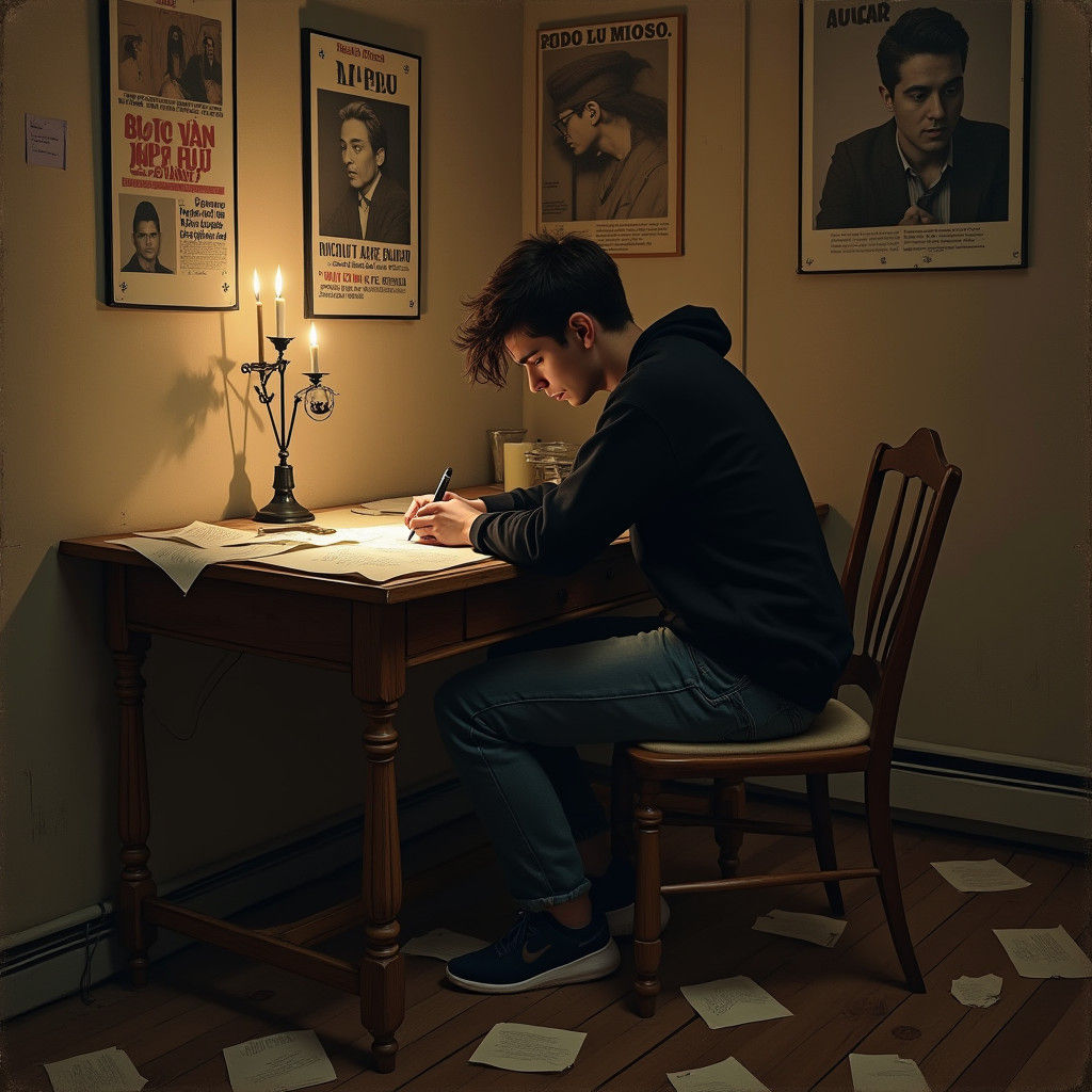 Young Man Writing Song by Candlelight