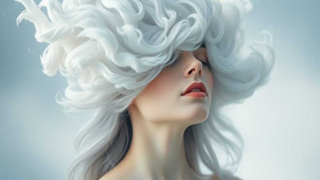 Woman with Cloud Hair in Dreamlike Style