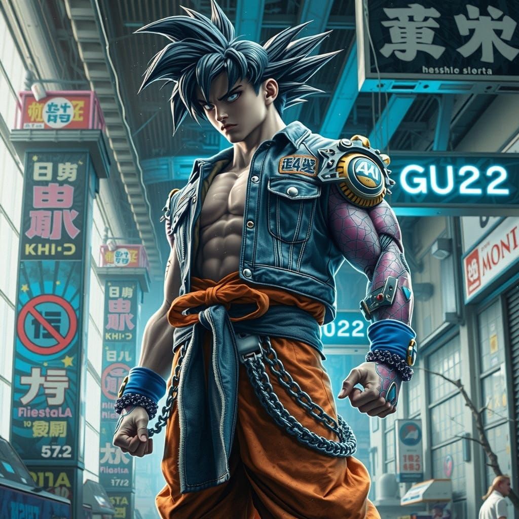 Cyberpunk Goku Hero Stands in Neon Metropolis