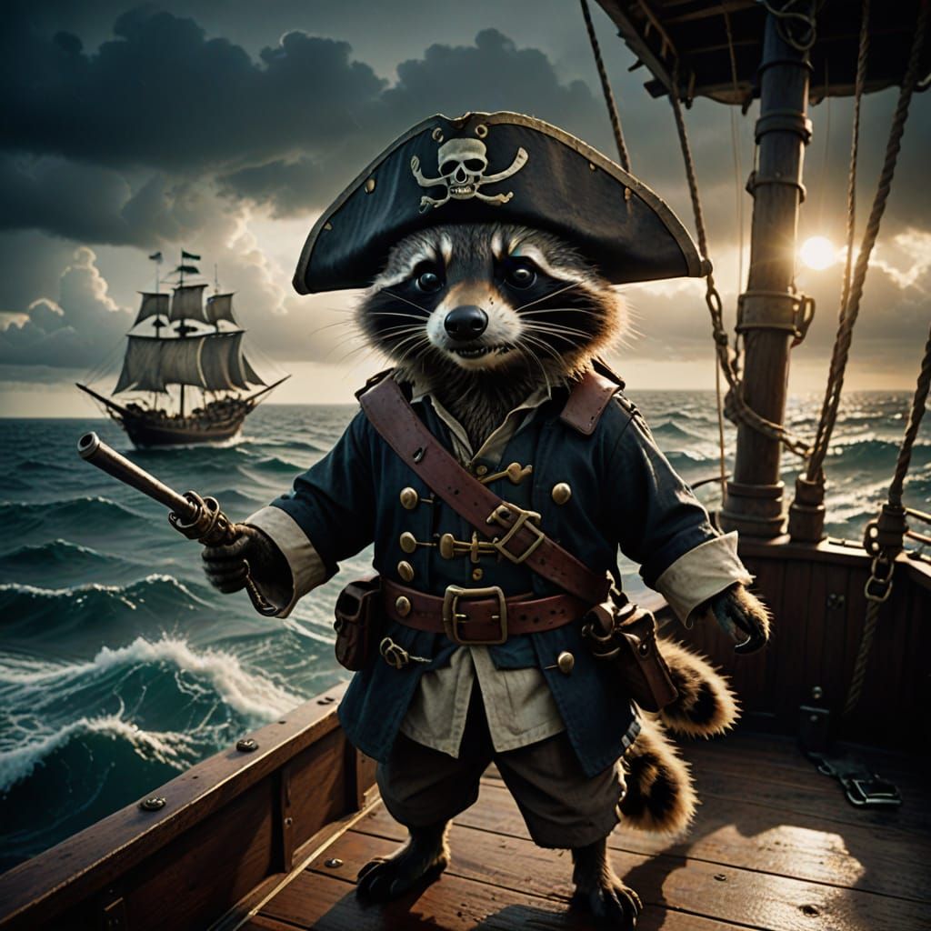 Pirate Raccoon Captain Steers Ship Through Stormy Seas