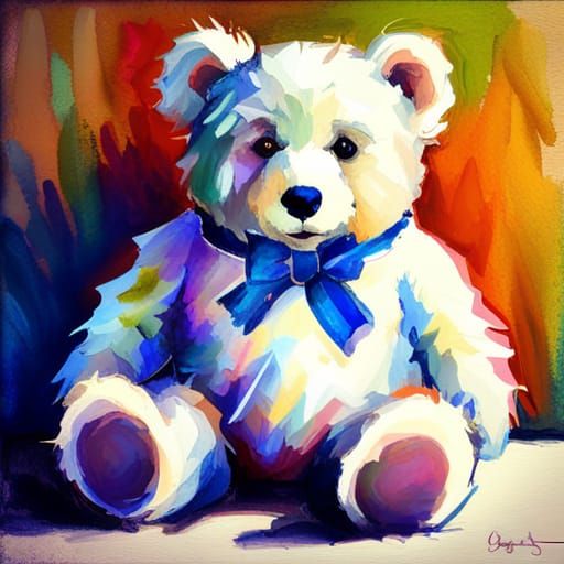 Furry White Teddy Bear with Blue Bow in Gouache Style
