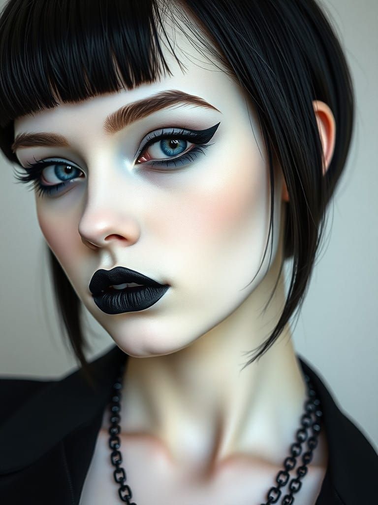 Gothic Portrait of a Mystical Girl with Bold Makeup and Pier...