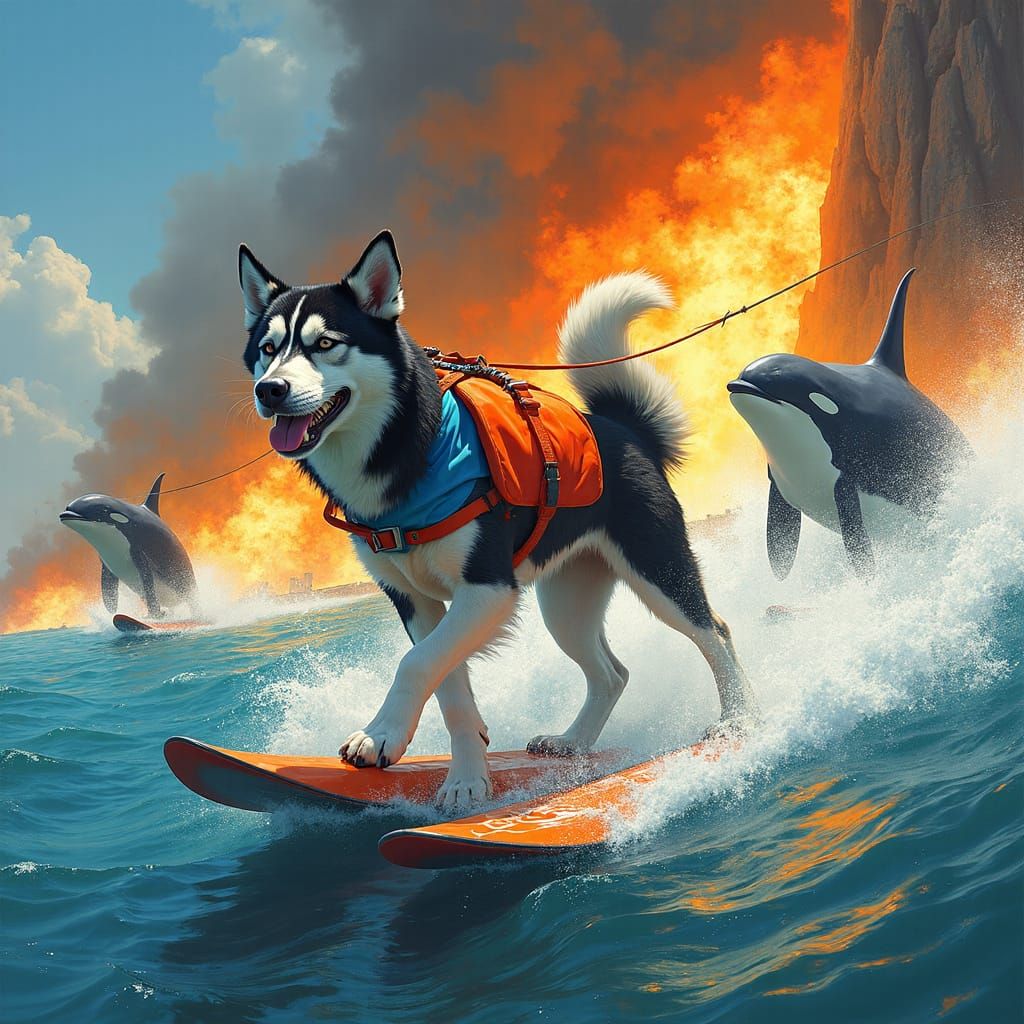 Malamute Water Skis Towards Fiery Ramp Pulled by Orcas