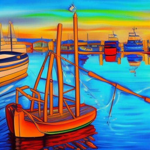 Golden Hour at the Harbour: Dramatic Triadic Painting