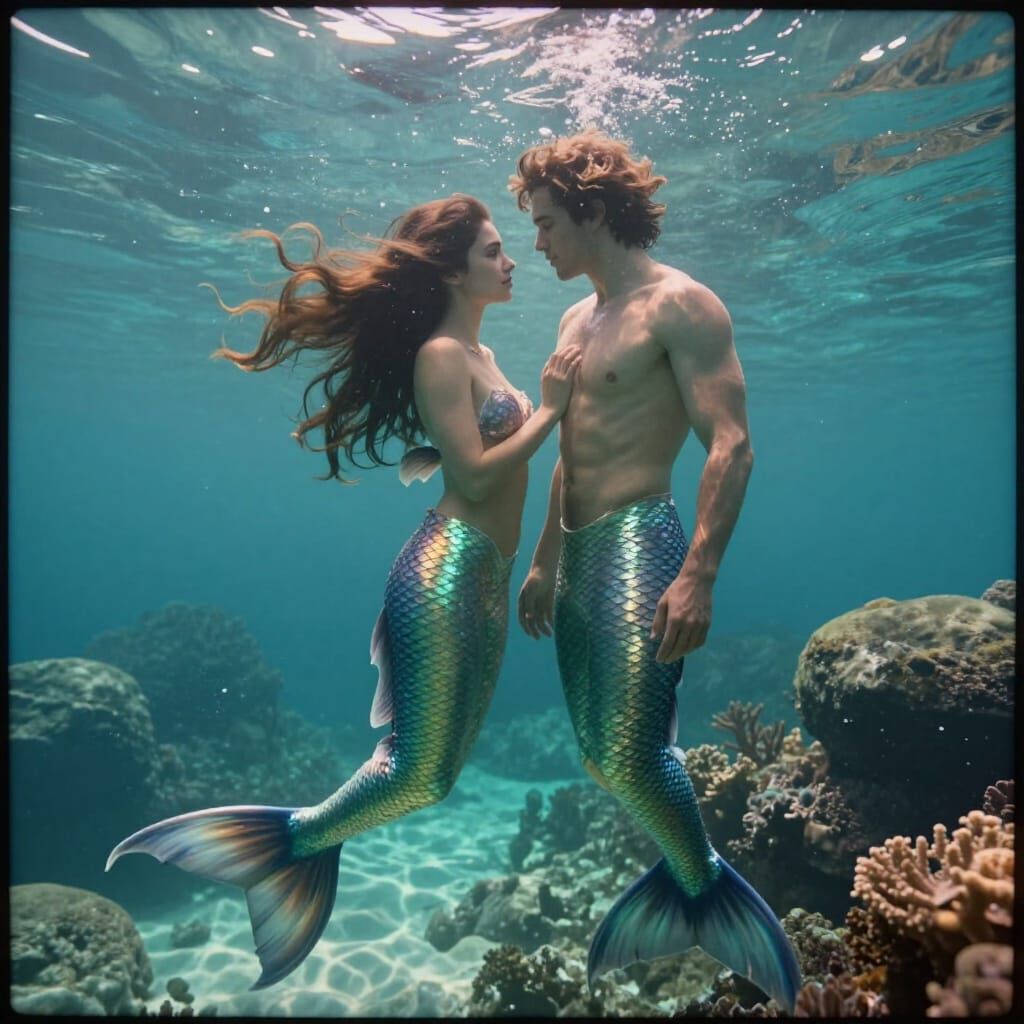 Romantic Merfolk Couple in Tranquil Underwater Lagoon