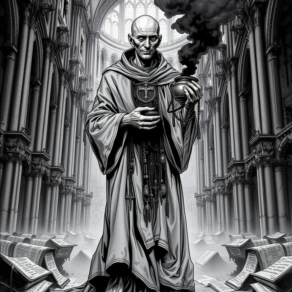 Mysterious Cleric in Warped Cathedral