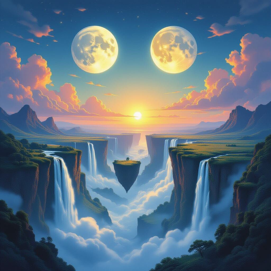 Surreal Floating Islands Under Double Moon Glow