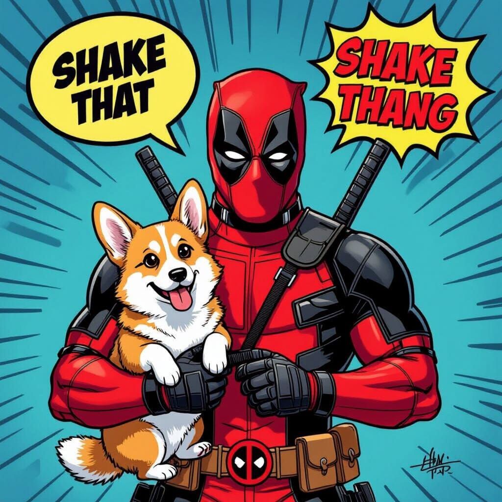 Deadpool and Corgi in Dynamic Comic Art Style