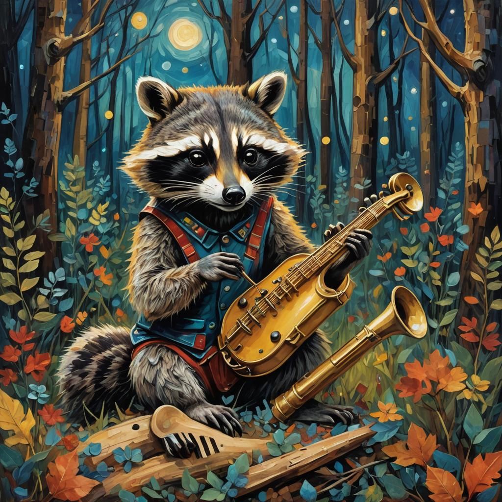 Raccoon Foraging with Musical Instruments as Impasto Paintin...