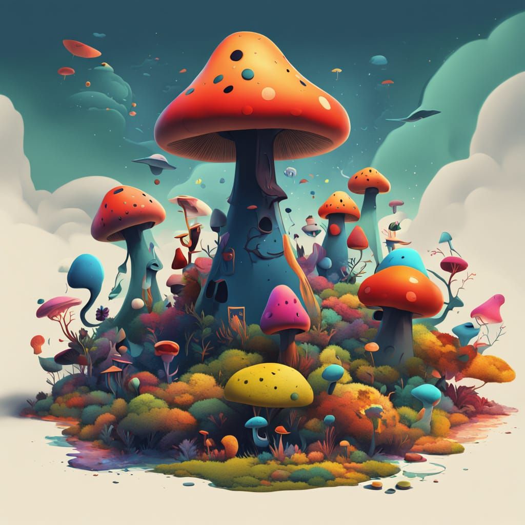 Whimsical Mushroom Dance in Psychedelic Landscape