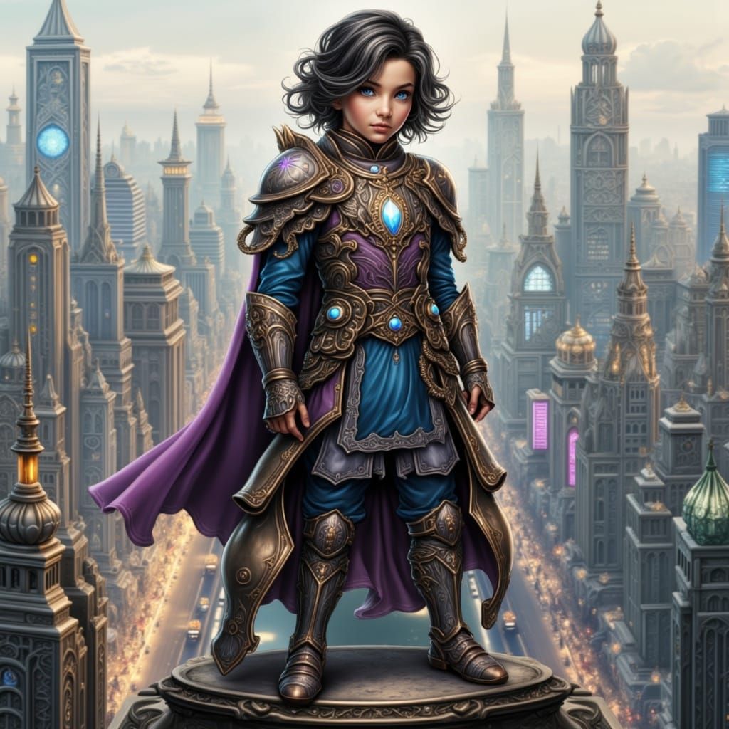 Confident Alchemie Wizard Hero Stands on Rooftop with Vibran...