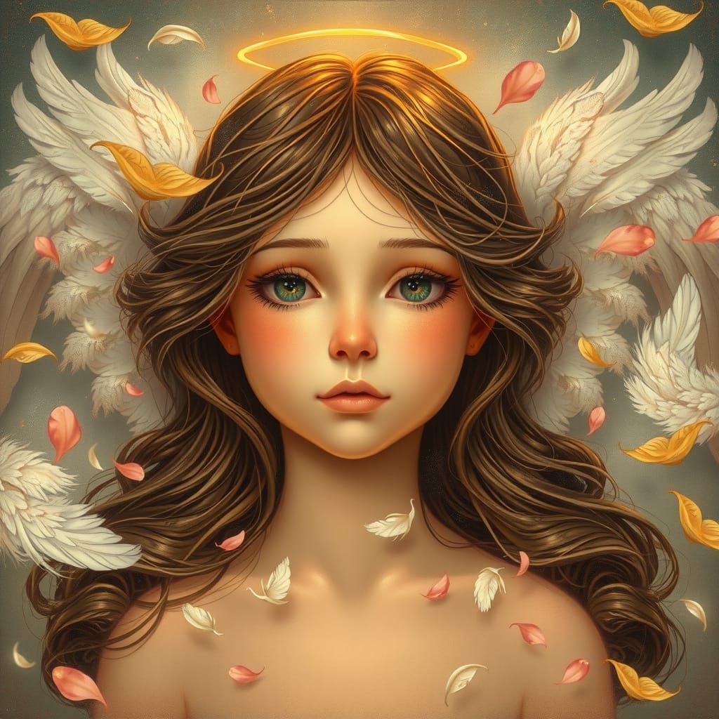 Whimsical Brown-Haired Angel in Ethereal Glow