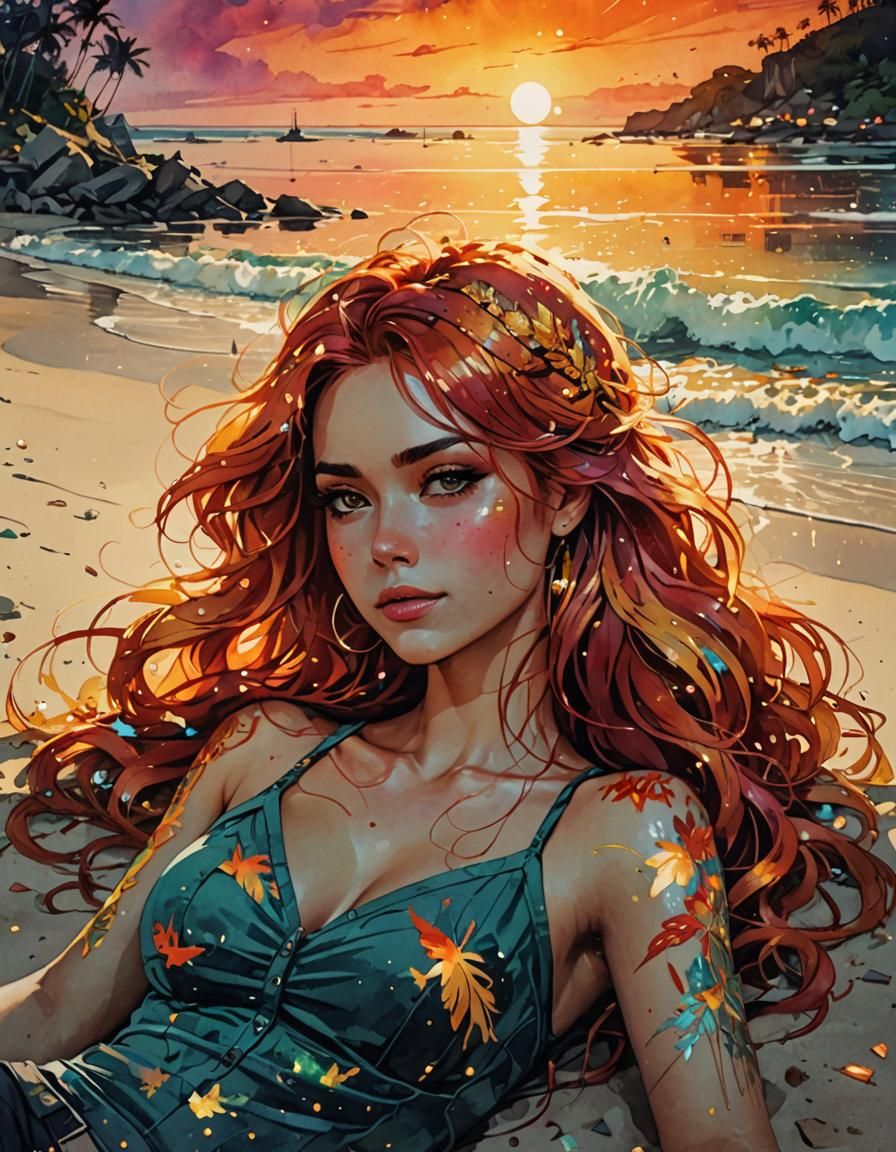 Sunset Shimmer Relaxing on Beach in Watercolor