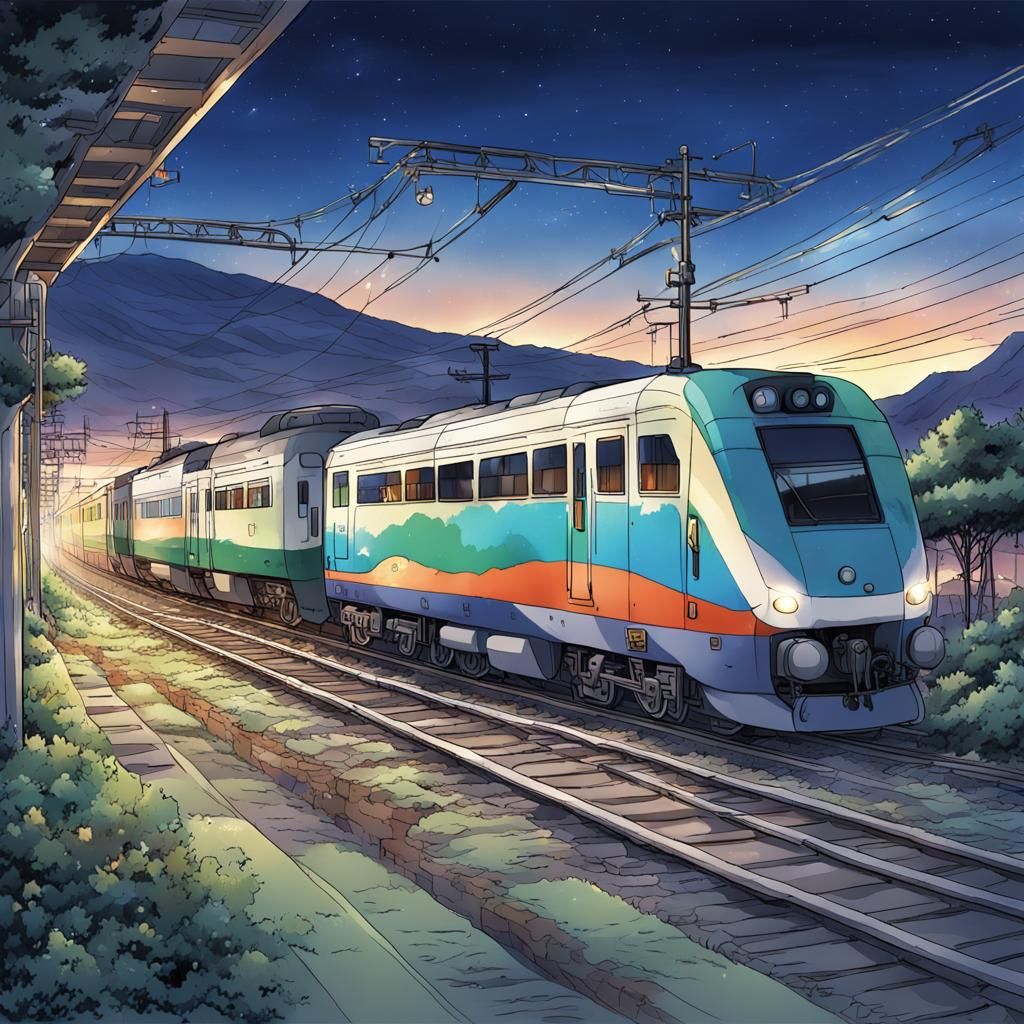 Colorful Algerian Train on Highway: Anime Style