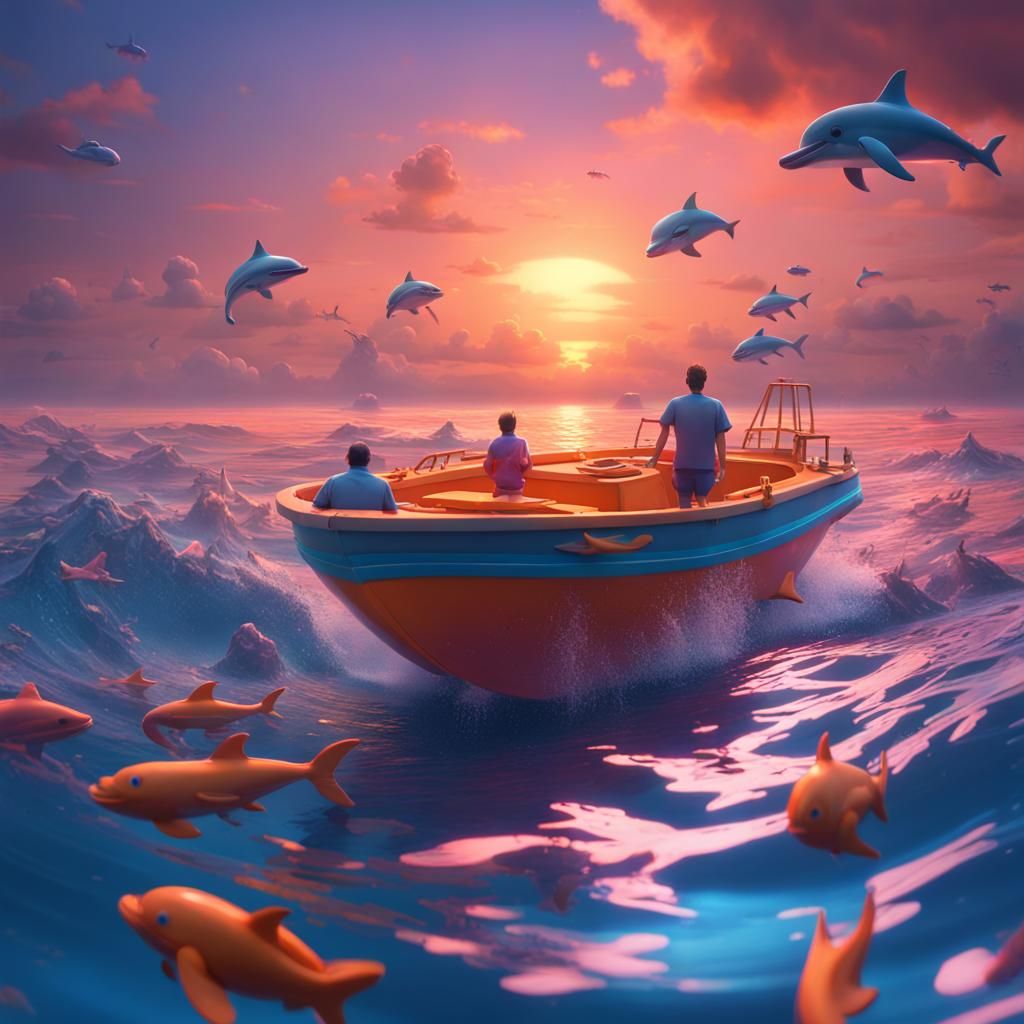 Colorful Sunset Boat Scene with Dolphins in 3D Style