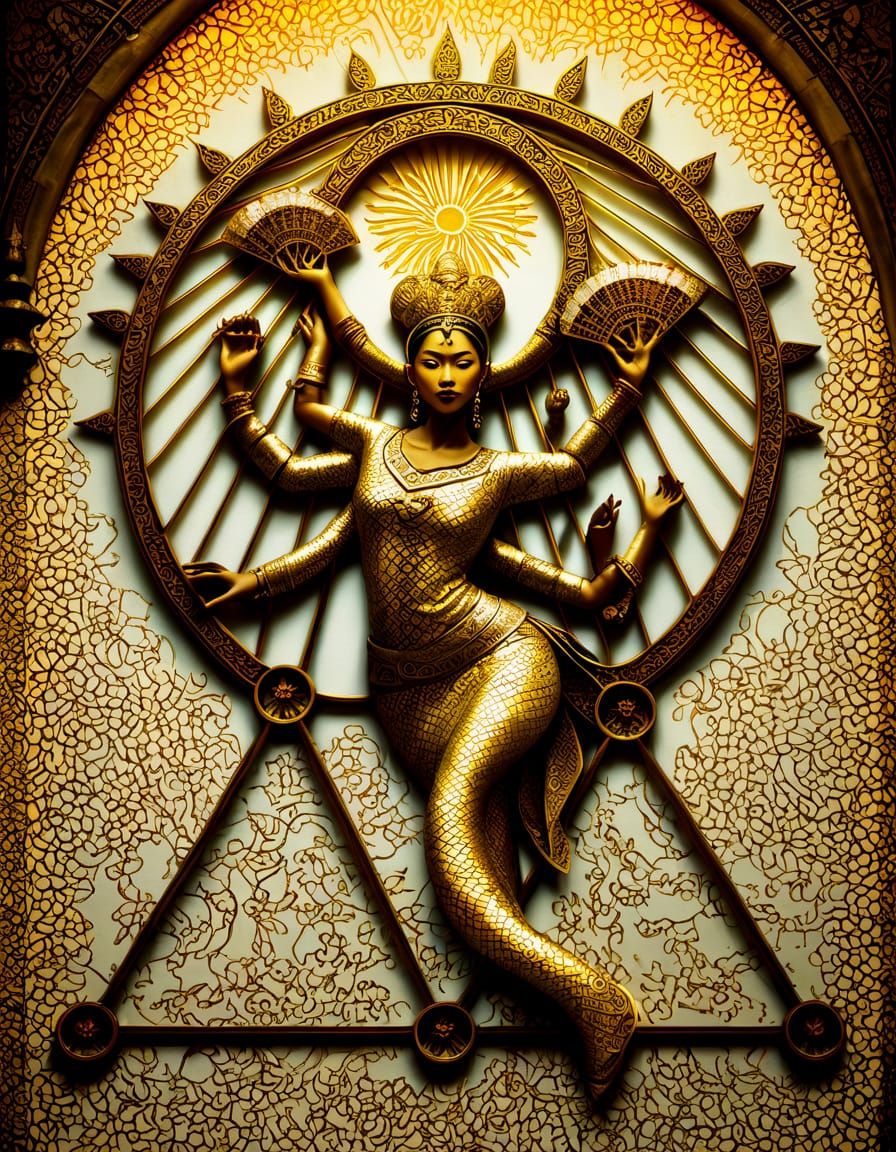 Six-Armed Goddess in Vibrant Southeast Asian Attire, Against...