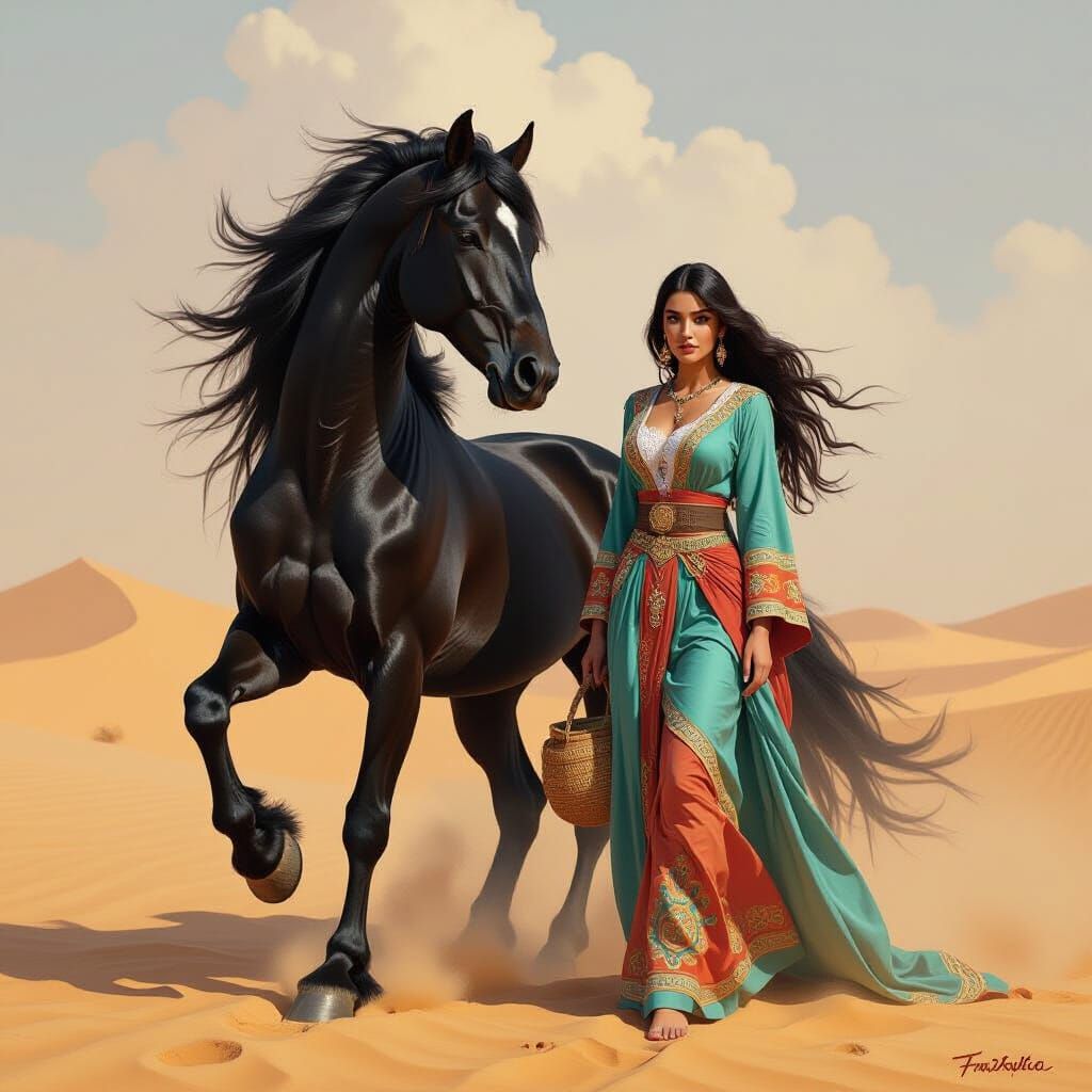 Majestic Black Horse and Arabian Princess in Desert Storm