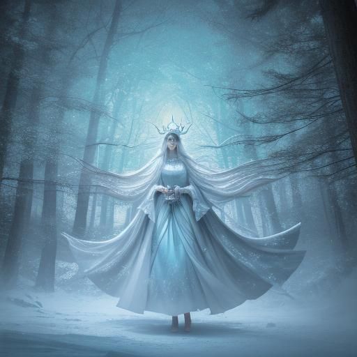 Ethereal Bells: Surrealist Woman in Snowy Forest